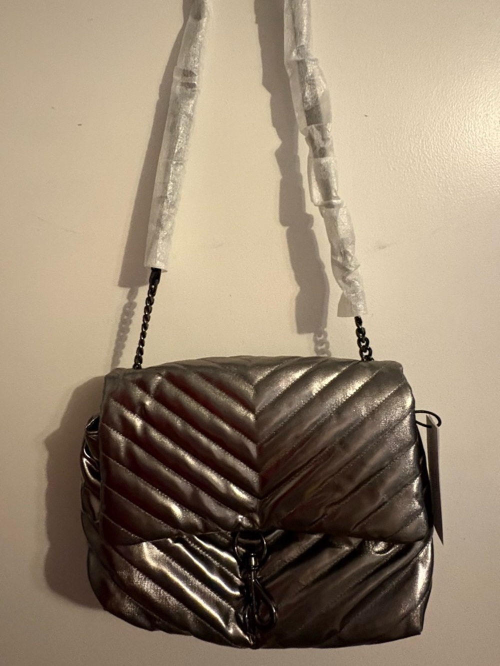 Rebecca Minkoff Edie Metallic Chevron Quilted Shoulder Bag - Gunmetal NWT